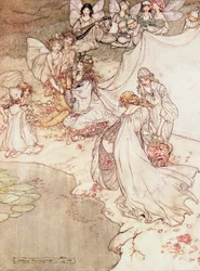 Illustration für ein Märchen, Feenkönigin bedeckt ein Kind mit Blüten